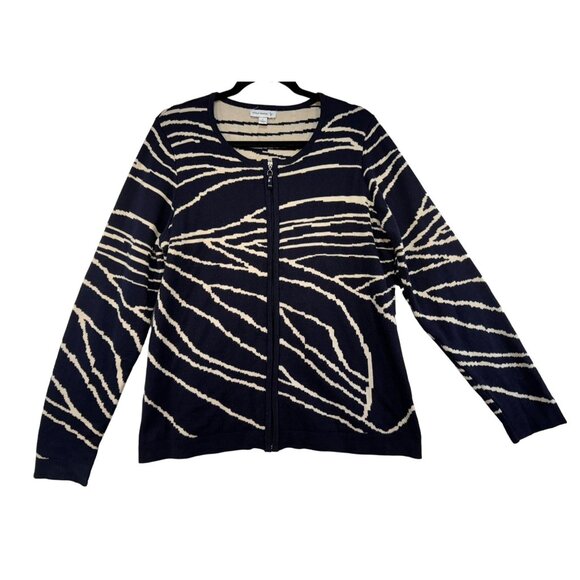 Susan Graver Womens Zip-Up Cardigan Sweater L Dark Navy & Beige Abstract Print - Picture 1 of 10
